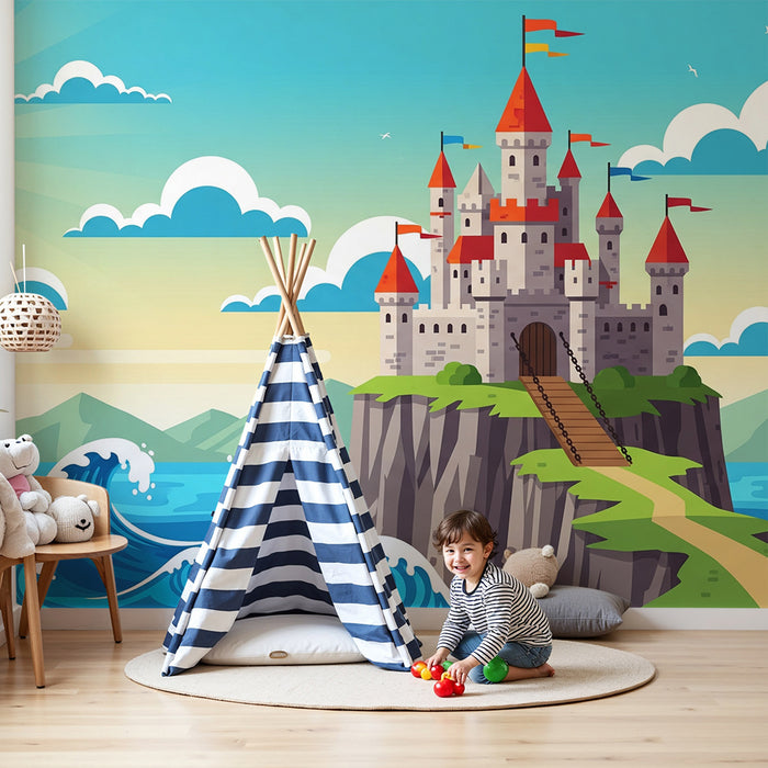 Kinderzimmer Tapete | Märchenhaftes Schloss mit Blick auf das Meer