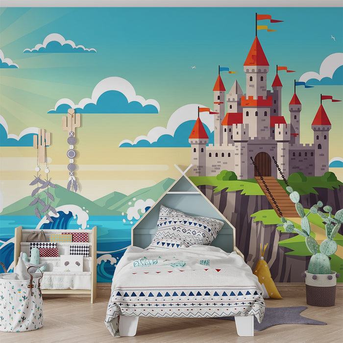 Kinderzimmer Tapete | Märchenhaftes Schloss mit Blick auf das Meer