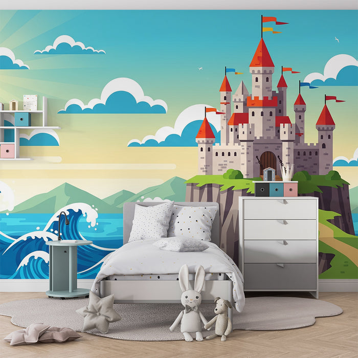 Kinderzimmer Tapete | Märchenhaftes Schloss mit Blick auf das Meer