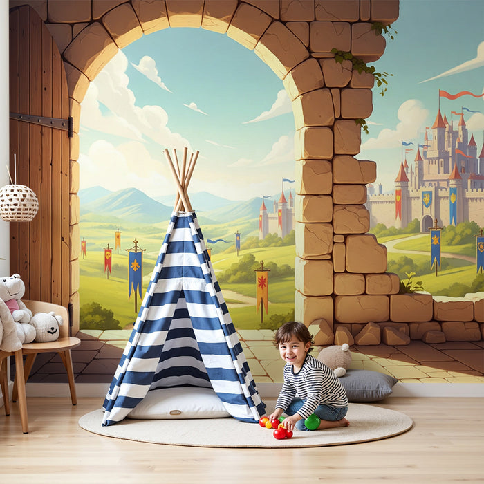 Papier peint chambre enfant | Château féerique surplombant une vallée verdoyante