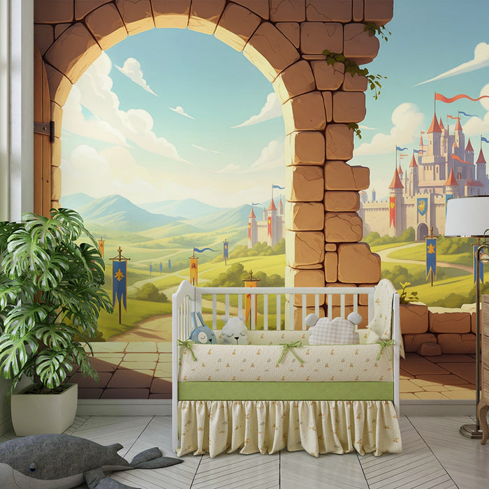 Papier peint chambre enfant | Château féerique surplombant une vallée verdoyante