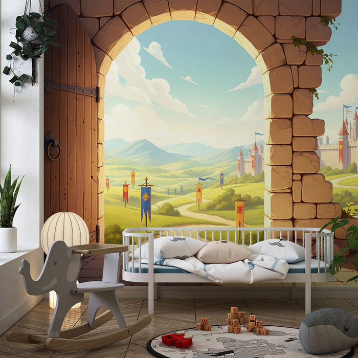 Papier peint chambre enfant | Château féerique surplombant une vallée verdoyante