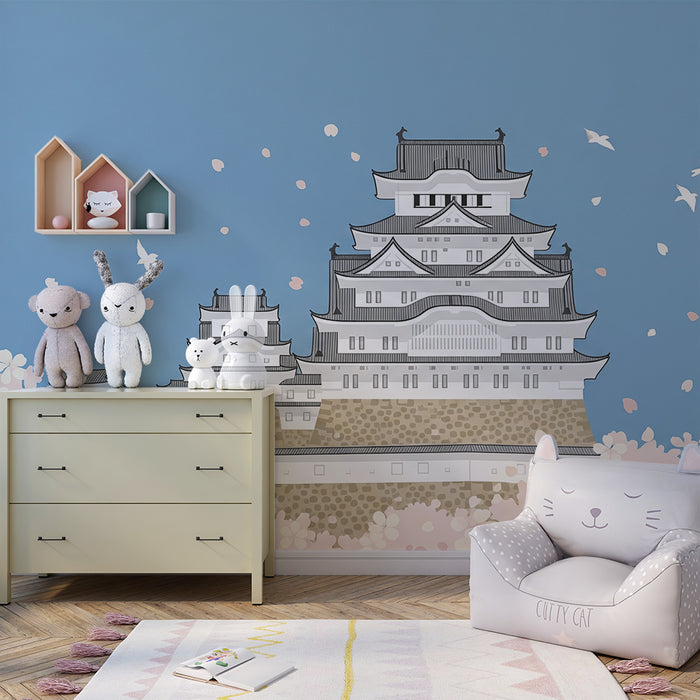Carta da parati per camera bambini | Castello giapponese circondato da ciliegi in fiore