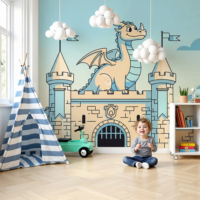 Papel pintado infantil | Castillo mágico con dragón sonriente