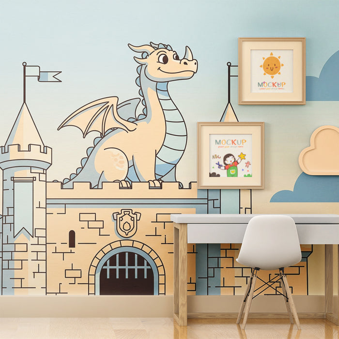 Papel pintado infantil | Castillo mágico con dragón sonriente