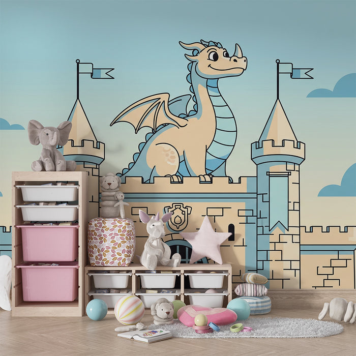 Papel pintado infantil | Castillo mágico con dragón sonriente