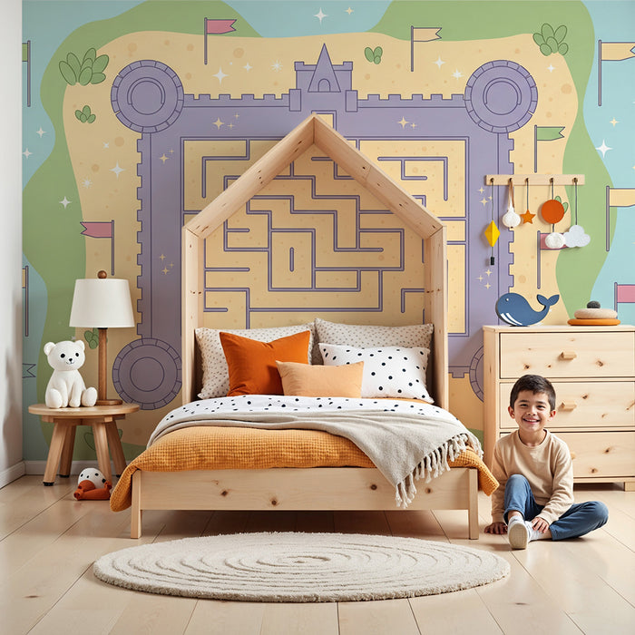Kinderzimmer Tapete | Magisches Schloss mit Labyrinth und bunten Flaggen