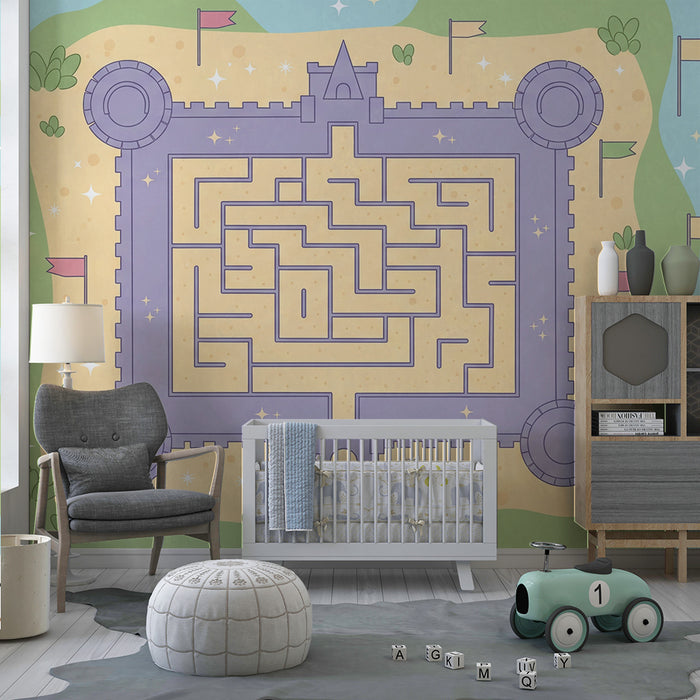 Kinderzimmer Tapete | Magisches Schloss mit Labyrinth und bunten Flaggen