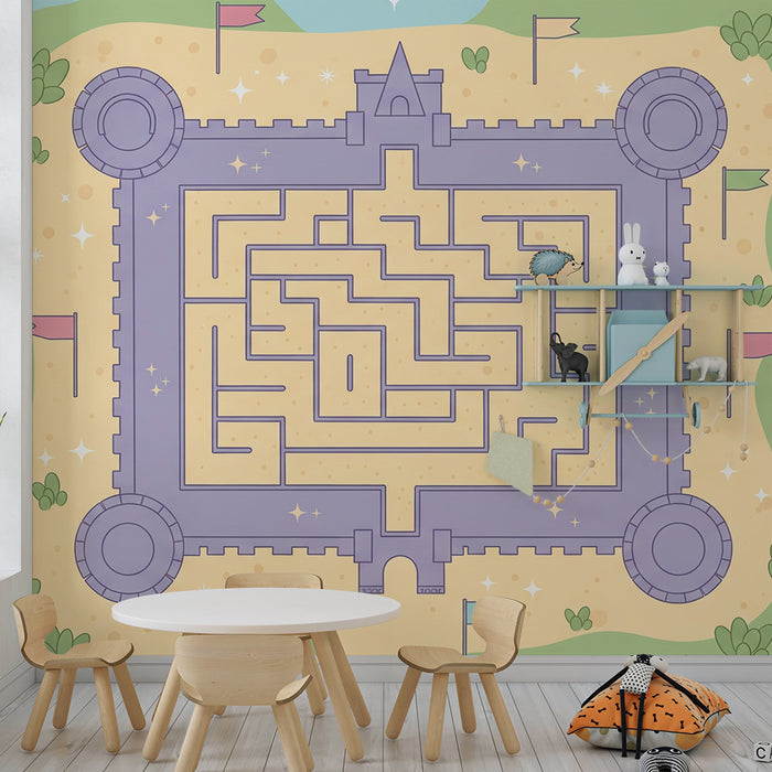 Kinderzimmer Tapete | Magisches Schloss mit Labyrinth und bunten Flaggen