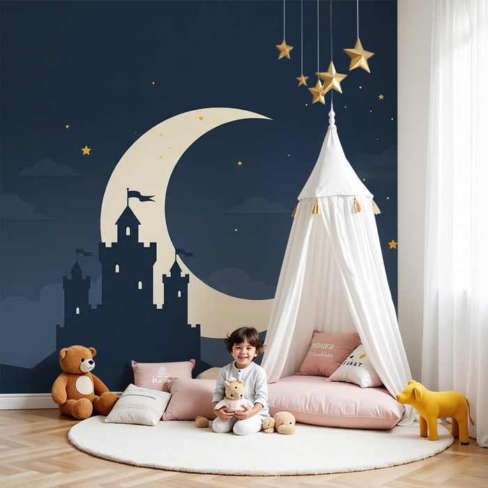 Papel de parede criança | Castelo mágico e dragão sob a lua estrelada