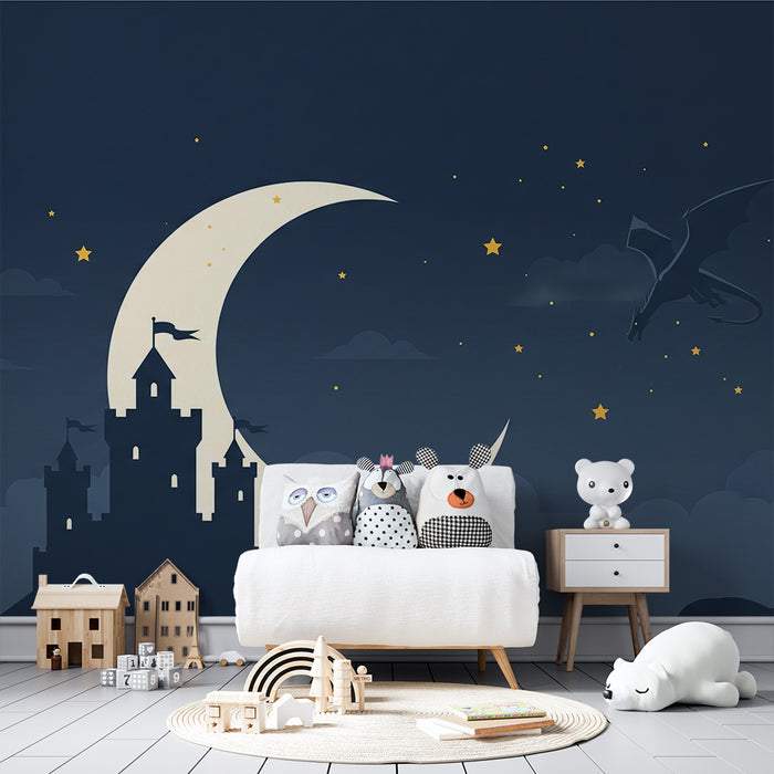 Papel de parede criança | Castelo mágico e dragão sob a lua estrelada