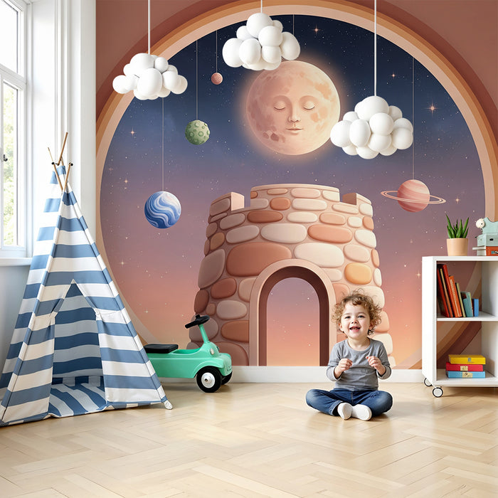 Carta da parati per camera bambini | Castello magico sotto un cielo stellato con pianeti