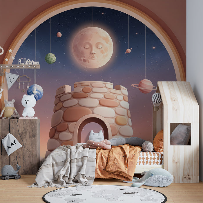 Carta da parati per camera bambini | Castello magico sotto un cielo stellato con pianeti