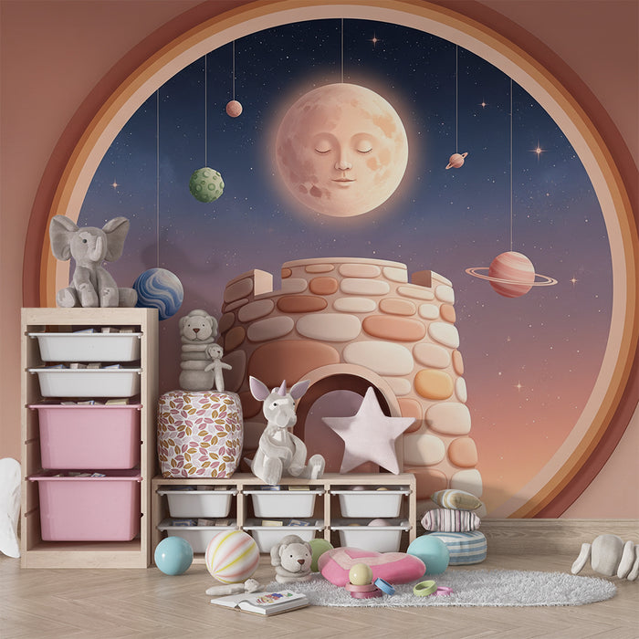 Carta da parati per camera bambini | Castello magico sotto un cielo stellato con pianeti