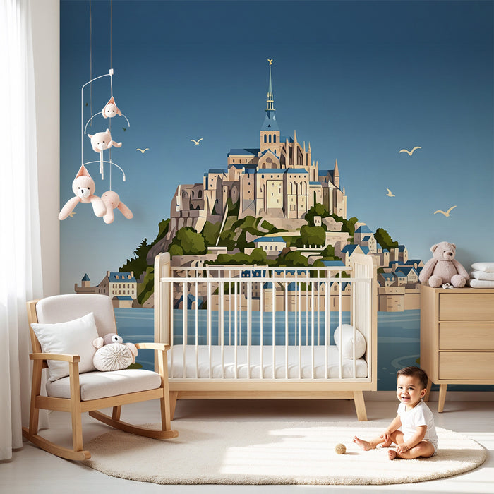 Carta da parati camera bambini | Castello magico su un'isola circondata dall'acqua