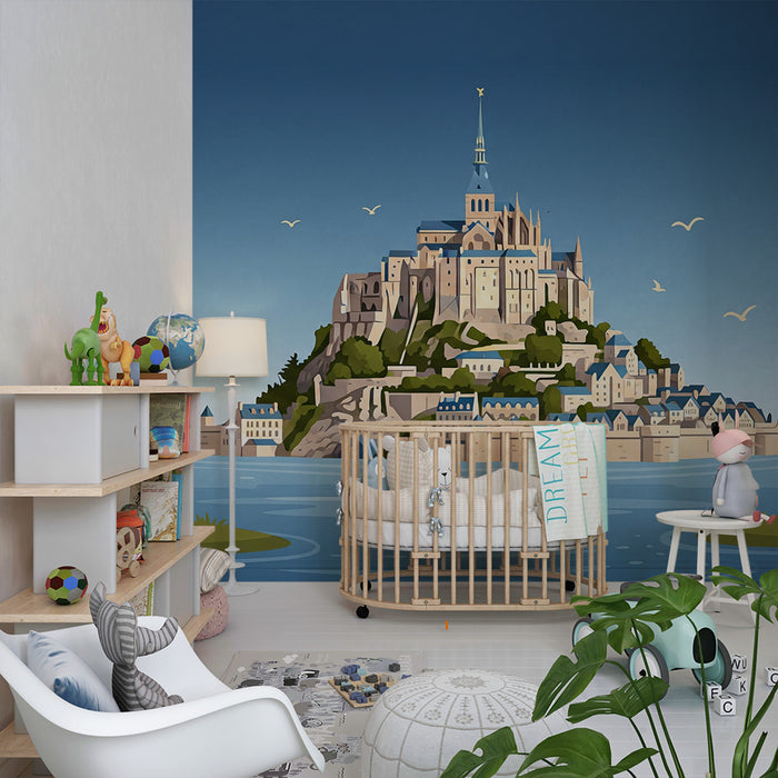 Carta da parati camera bambini | Castello magico su un'isola circondata dall'acqua