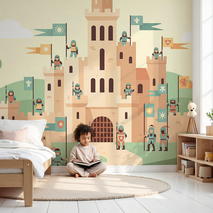 Kinderzimmer Tapete | Mittelalterliches Schloss mit Rittern und bunten Banner