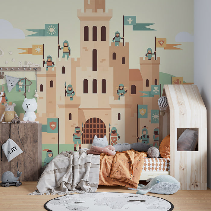Kinderzimmer Tapete | Mittelalterliches Schloss mit Rittern und bunten Banner