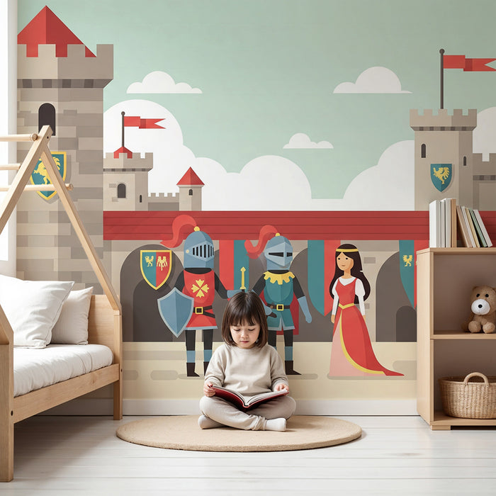 Papel pintado infantil | Castillo medieval con caballeros y princesa