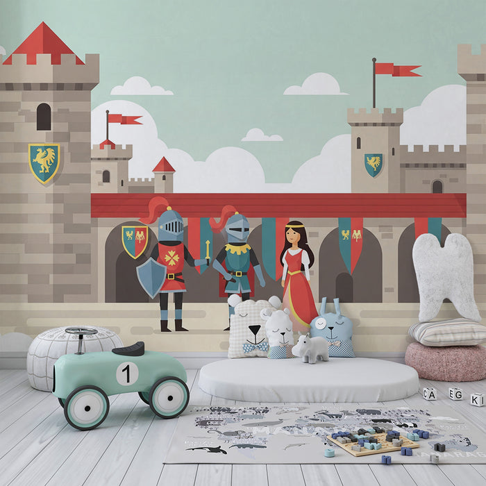 Papel pintado infantil | Castillo medieval con caballeros y princesa