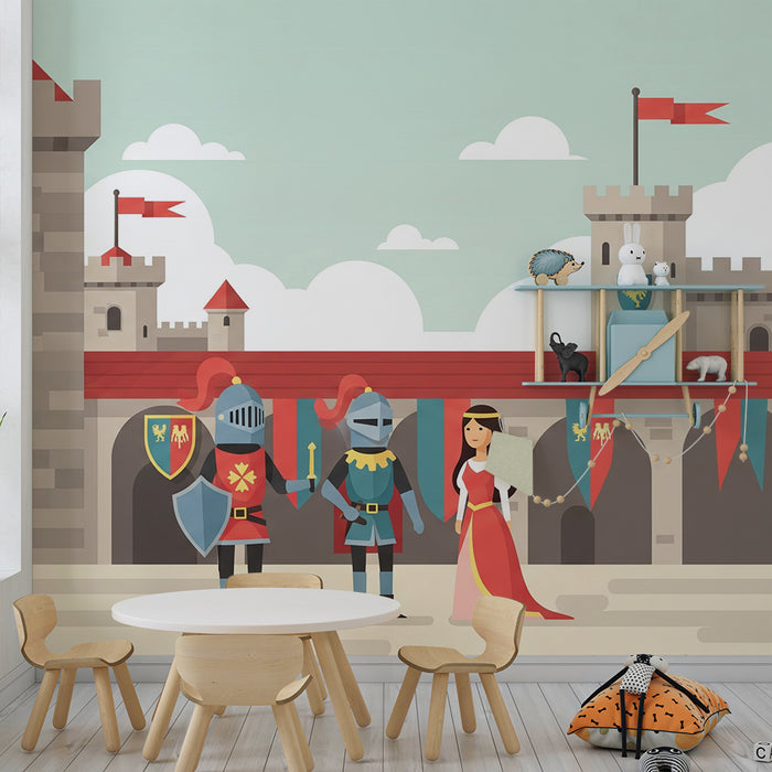 Papel pintado infantil | Castillo medieval con caballeros y princesa