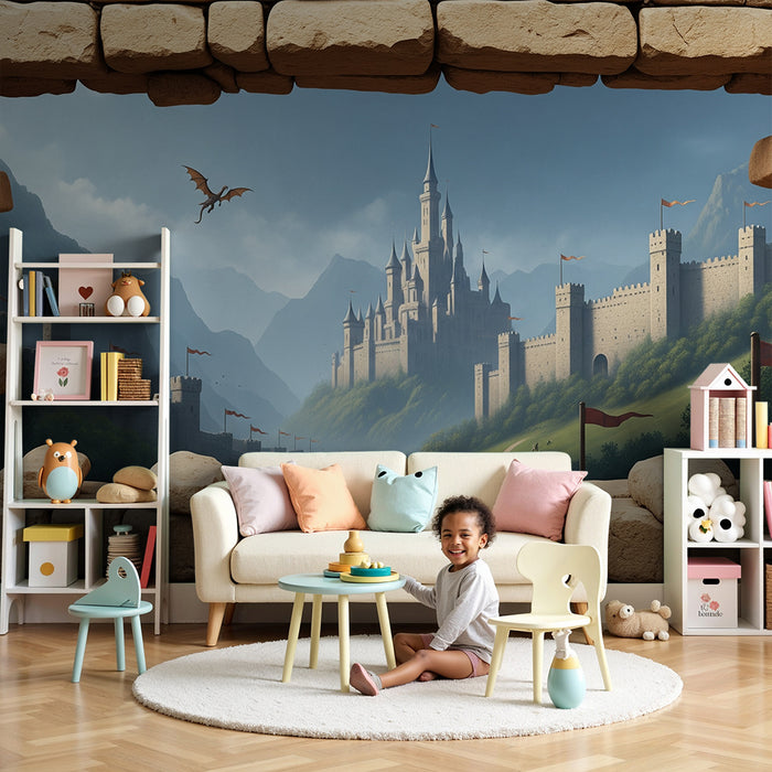 Carta da parati per camera bambini | Castello medievale con drago e paesaggio incantato
