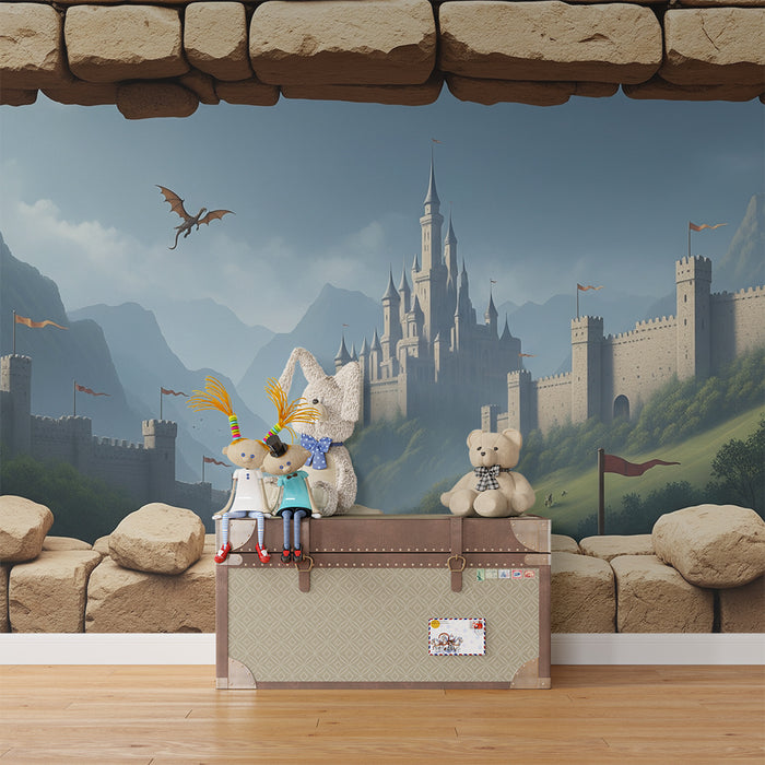 Carta da parati per camera bambini | Castello medievale con drago e paesaggio incantato