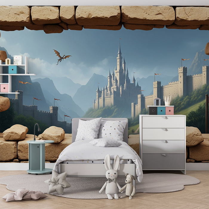 Carta da parati per camera bambini | Castello medievale con drago e paesaggio incantato
