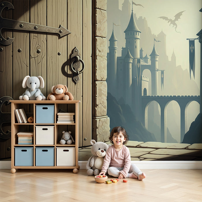 Papier peint chambre enfant | Château médiéval avec dragon et porte en bois