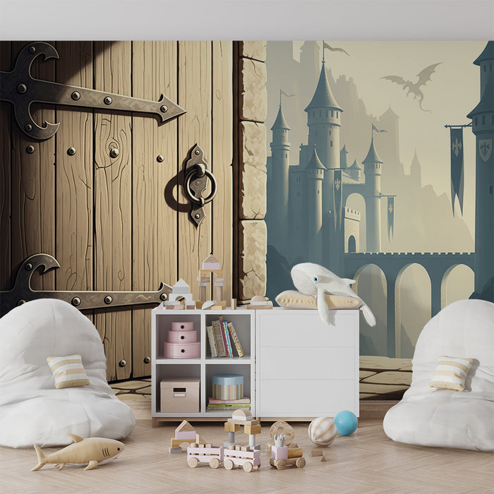 Papier peint chambre enfant | Château médiéval avec dragon et porte en bois