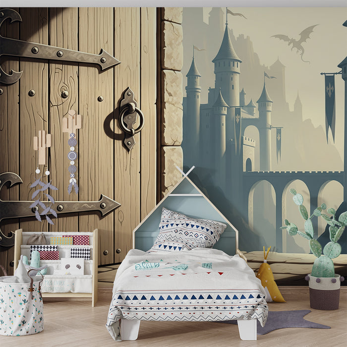 Papier peint chambre enfant | Château médiéval avec dragon et porte en bois