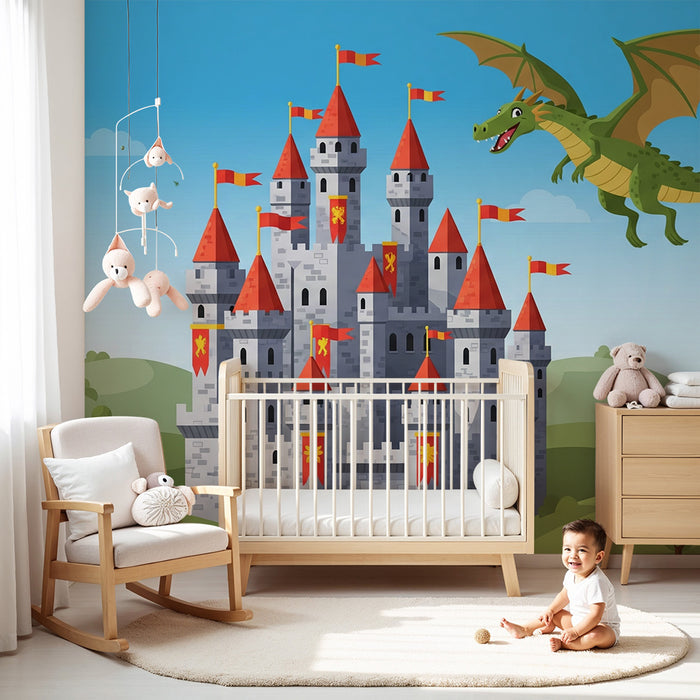 Kids room wallpaper | Medieval castle with flying dragon