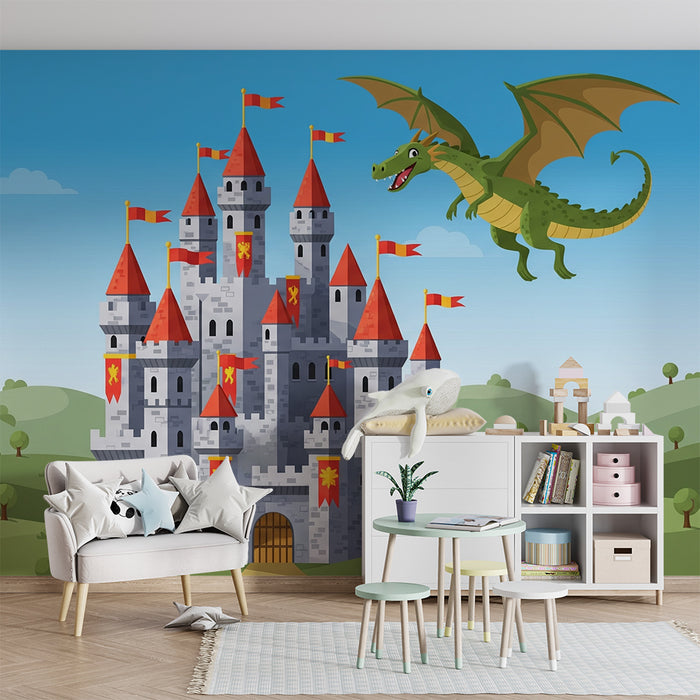 Kids room wallpaper | Medieval castle with flying dragon