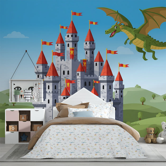 Kids room wallpaper | Medieval castle with flying dragon