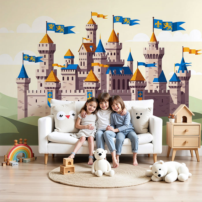 Papel de parede criança | Castelo medieval com bandeiras coloridas