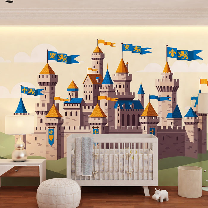 Papel de parede criança | Castelo medieval com bandeiras coloridas