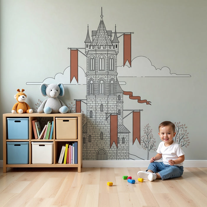 Carta da parati bambini | Castello medievale con bandiere e alberi stilizzati