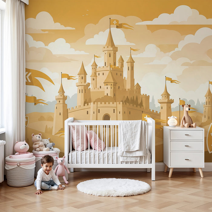 Papier peint chambre enfant | Château médiéval avec drapeaux et paysages dorés