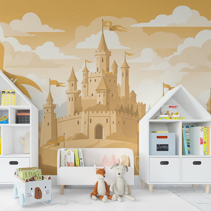 Papier peint chambre enfant | Château médiéval avec drapeaux et paysages dorés