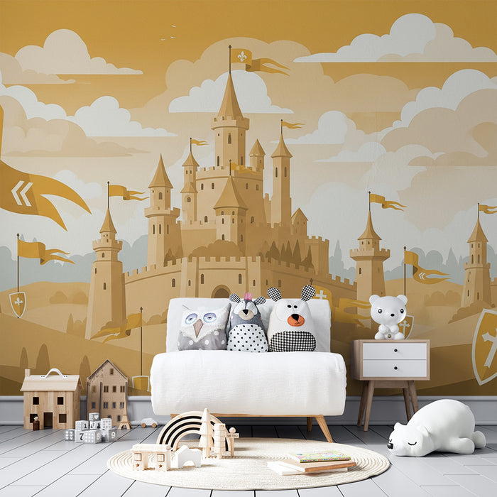 Papier peint chambre enfant | Château médiéval avec drapeaux et paysages dorés