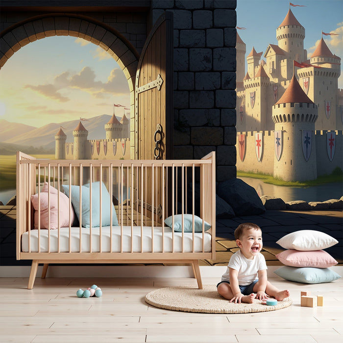 Behang kinderkamer | Middeleeuws kasteel met uitzicht op zonnige vallei