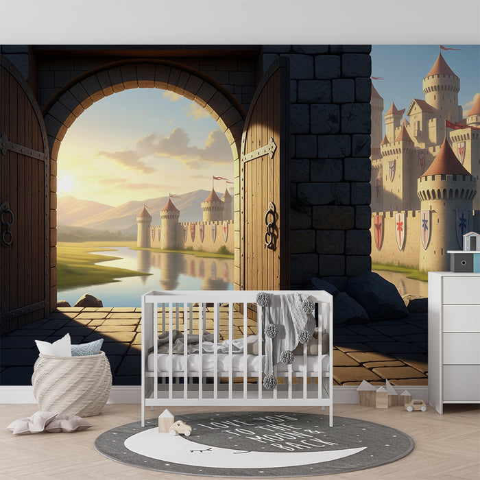 Behang kinderkamer | Middeleeuws kasteel met uitzicht op zonnige vallei