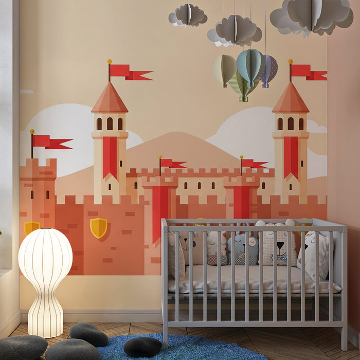 Papel de parede criança | Castelo medieval colorido com bandeiras e escudos