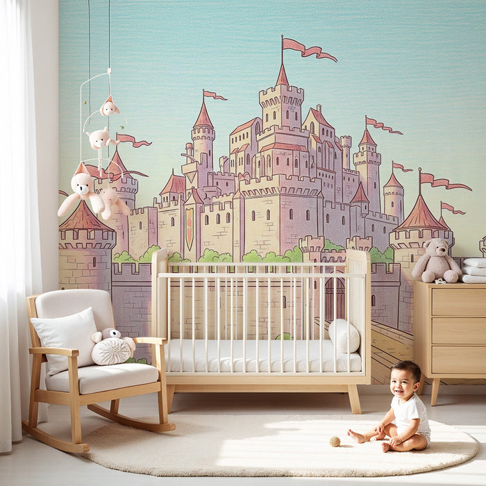 Kids room wallpaper | Enchanted medieval castle with colorful flags