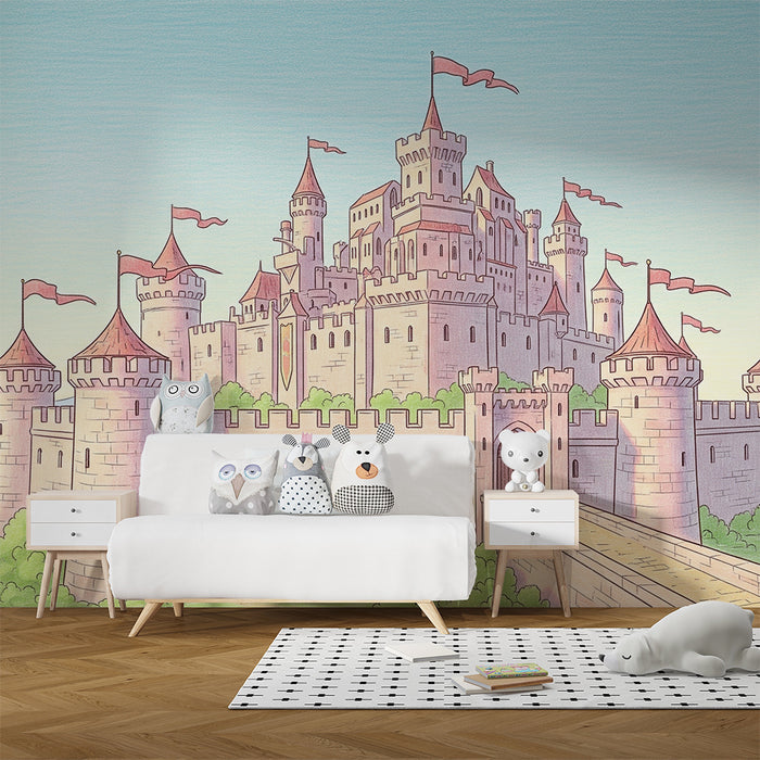 Kids room wallpaper | Enchanted medieval castle with colorful flags