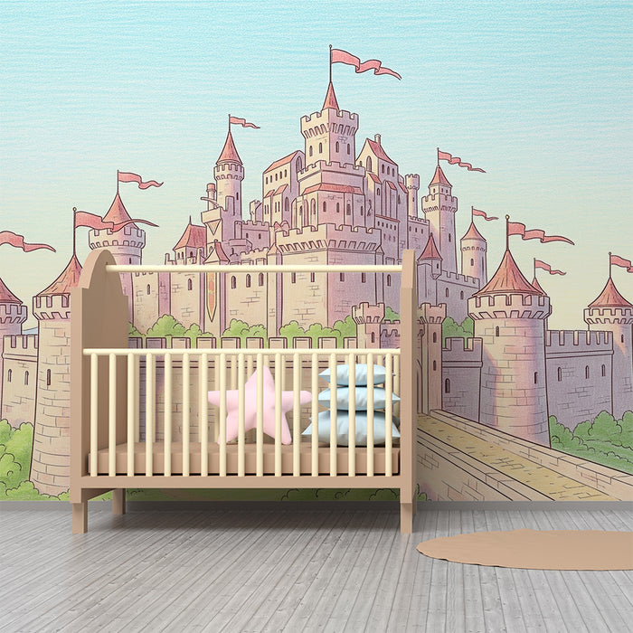 Kids room wallpaper | Enchanted medieval castle with colorful flags