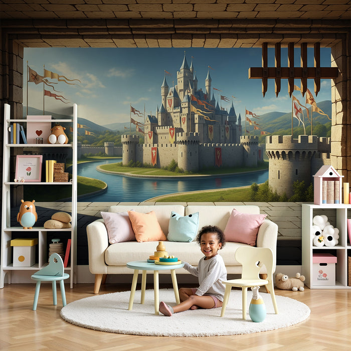 Behang kinderkamer | Majestueus middeleeuws kasteel met wapperende vlaggen