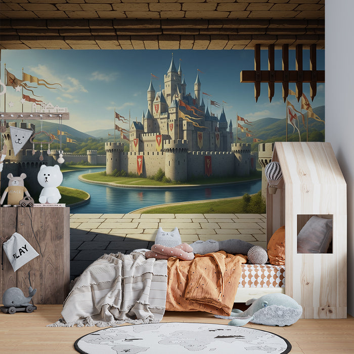 Behang kinderkamer | Majestueus middeleeuws kasteel met wapperende vlaggen