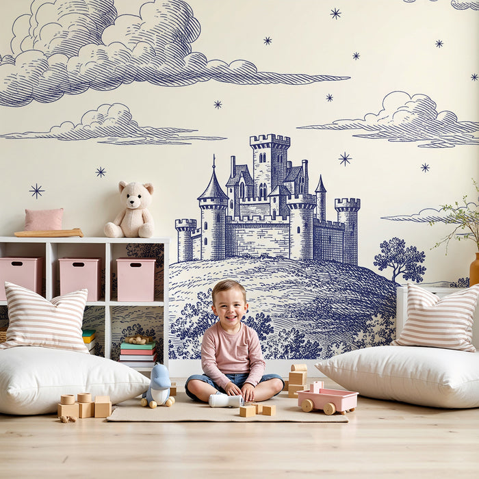 Behang voor de kinderkamer | Middeleeuws kasteel op een heuvel onder een sterrenhemel