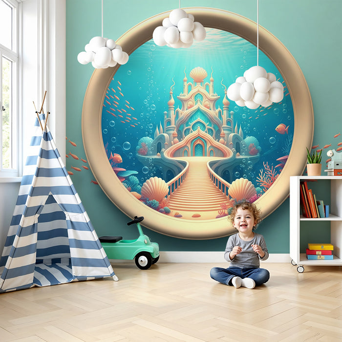 Papier peint chambre enfant | Château sous-marin féerique avec poissons colorés